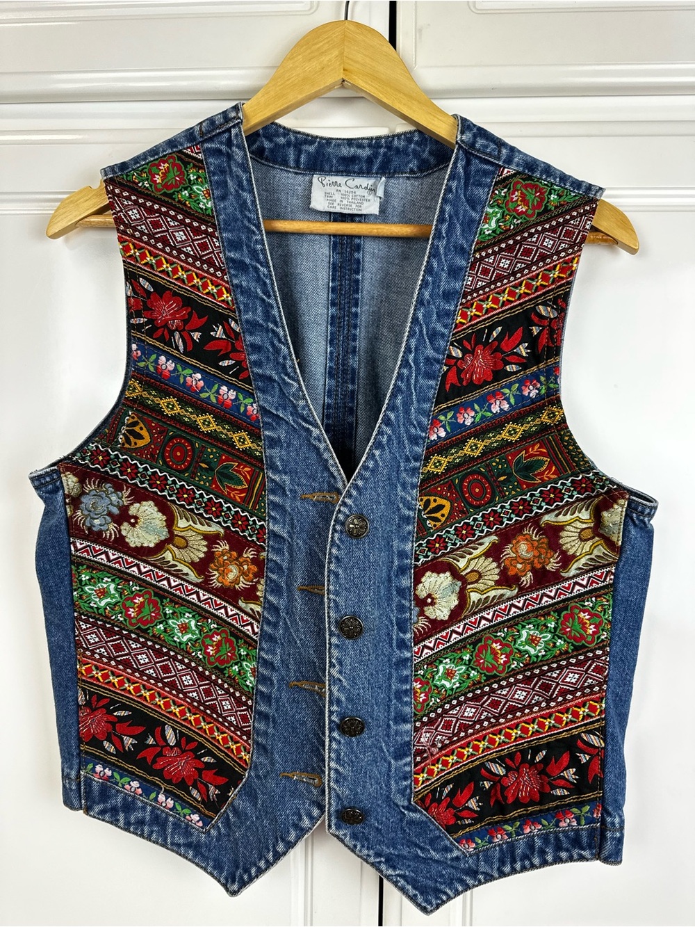 Pierre Cardin Denim Vest with Multi-Color Embroidered Panels - Picture 10 of 10